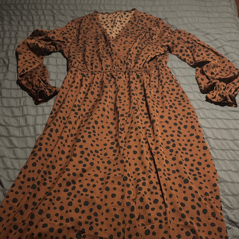 SHEIN Brown Polka Dot Long Sleeve Dress